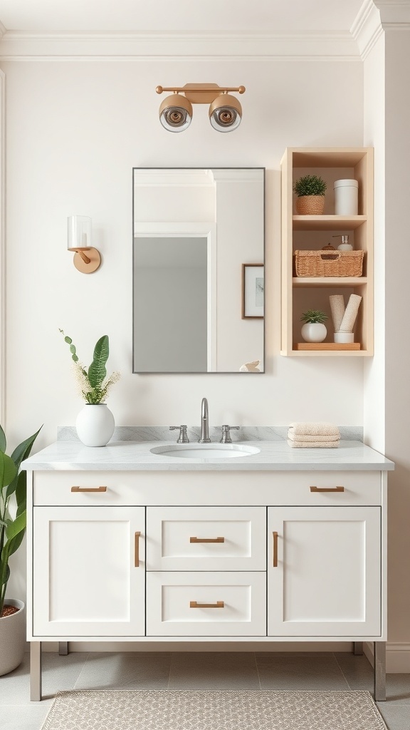 A modern bathroom vanity with open shelving, featuring plants and organized baskets.
