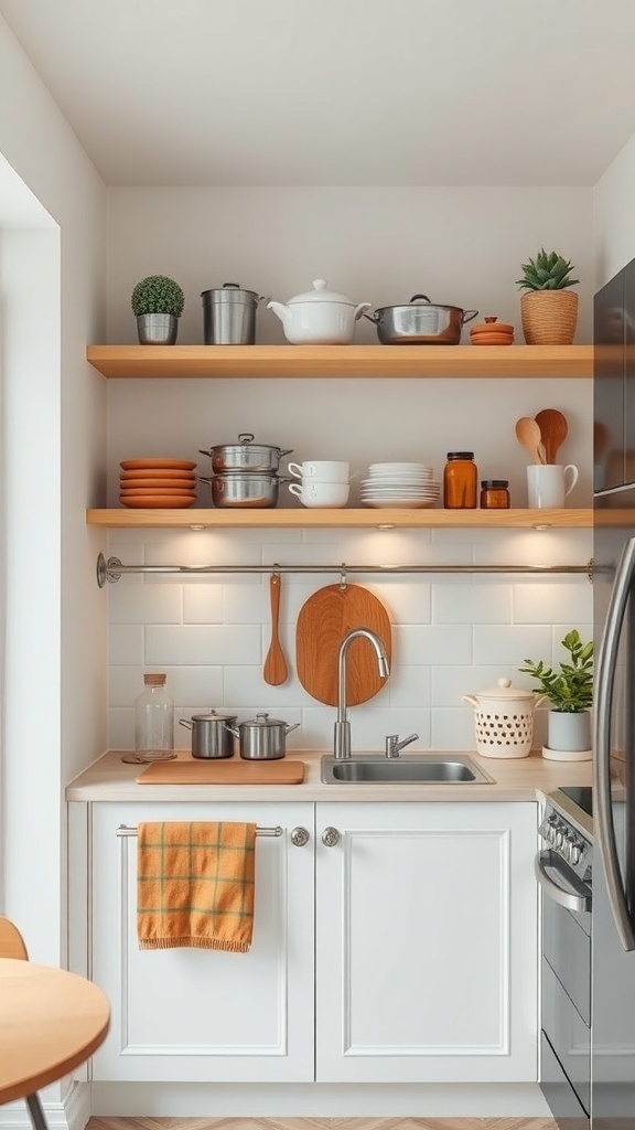 A small kitchen with open shelving displaying pots, dishes, and decorative items.