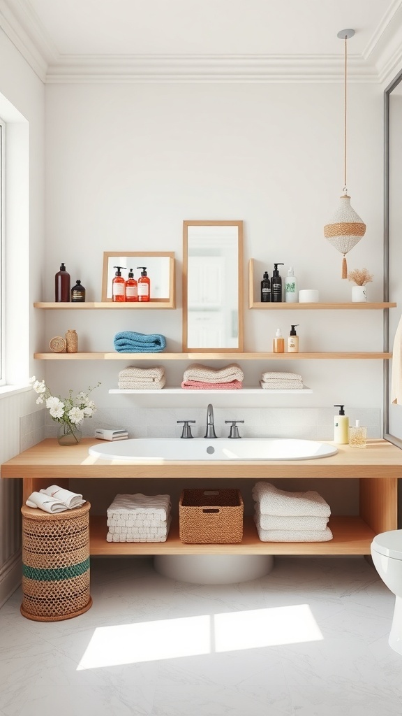 A modern bathroom with open wooden shelving displaying towels and toiletries.