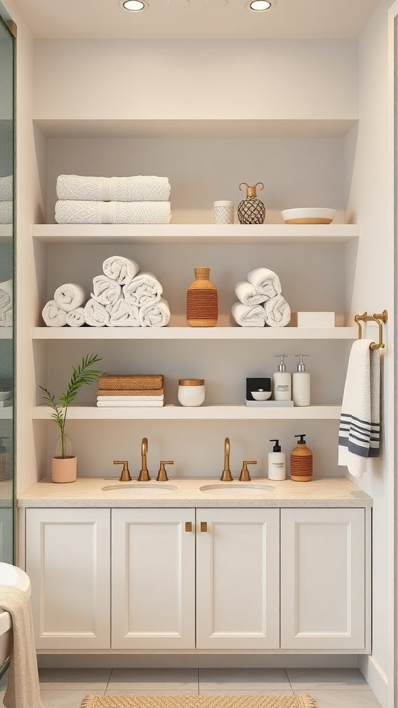 Modern bathroom with open shelving displaying neatly rolled towels and decorative items