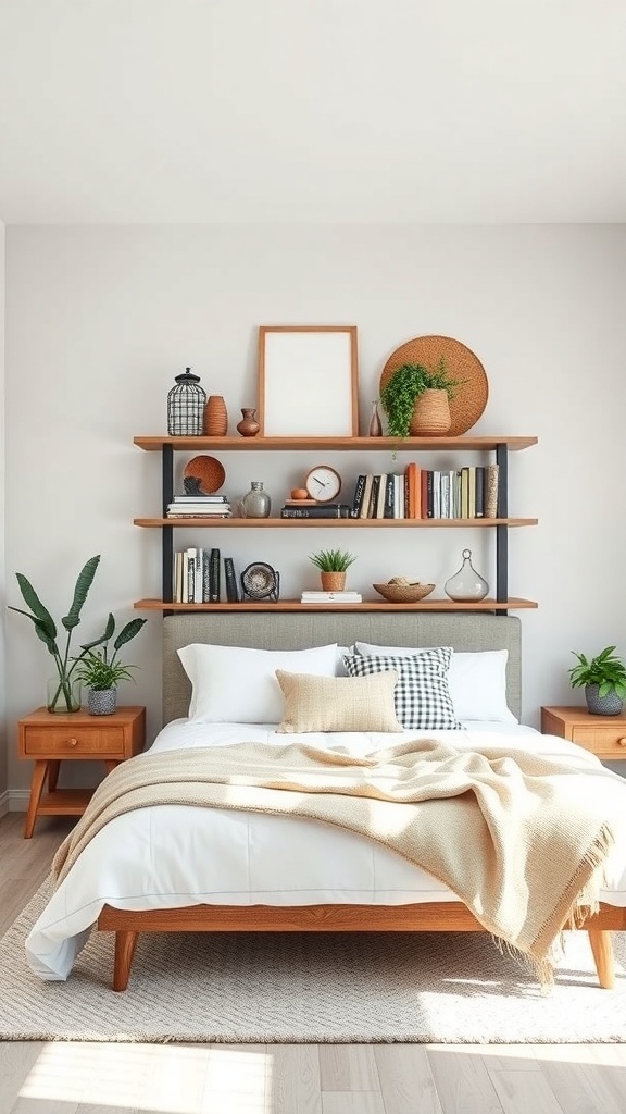 A boho farmhouse bedroom with open shelving displaying books and decorative items.