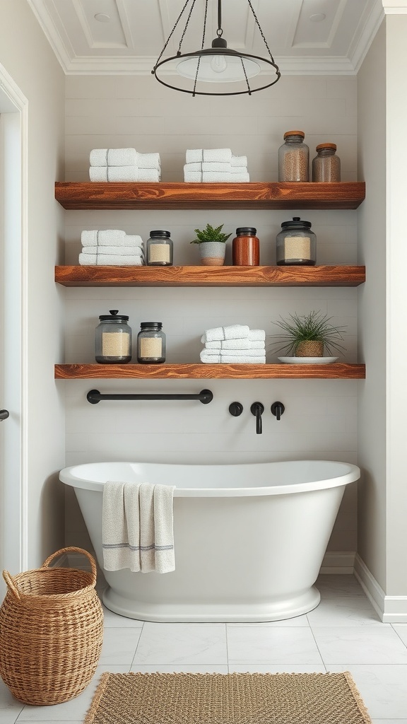Rustic bathroom with open shelving displaying towels and jars