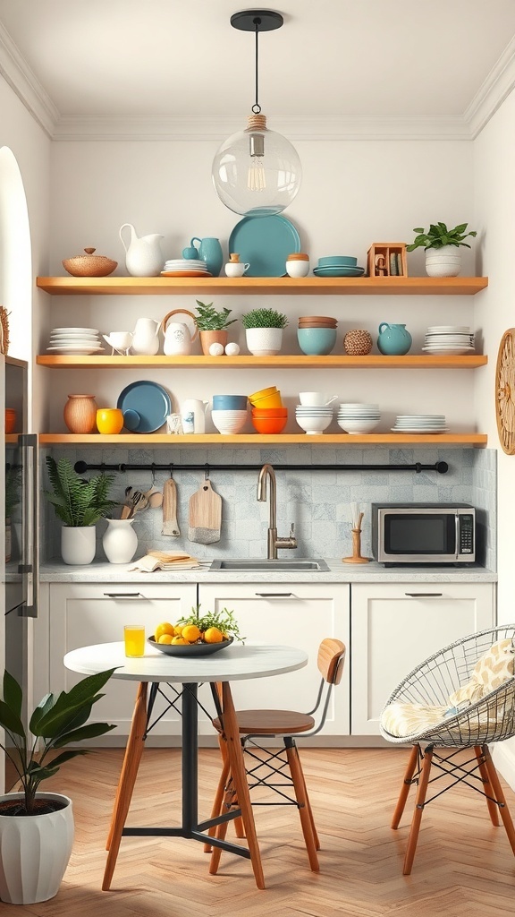 A small kitchen with open shelving displaying colorful dishes, a round dining table with fruits, and a stylish light fixture.