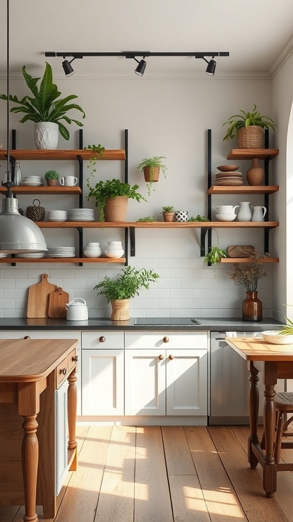 A rustic modern kitchen with open shelving, showcasing plants and kitchenware.