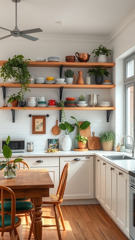 A small kitchen featuring open shelving with plants and colorful dishes.