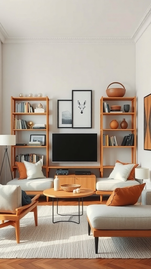 A cozy lounge room featuring open shelving units with books and decorative items, complemented by comfortable seating and a coffee table.