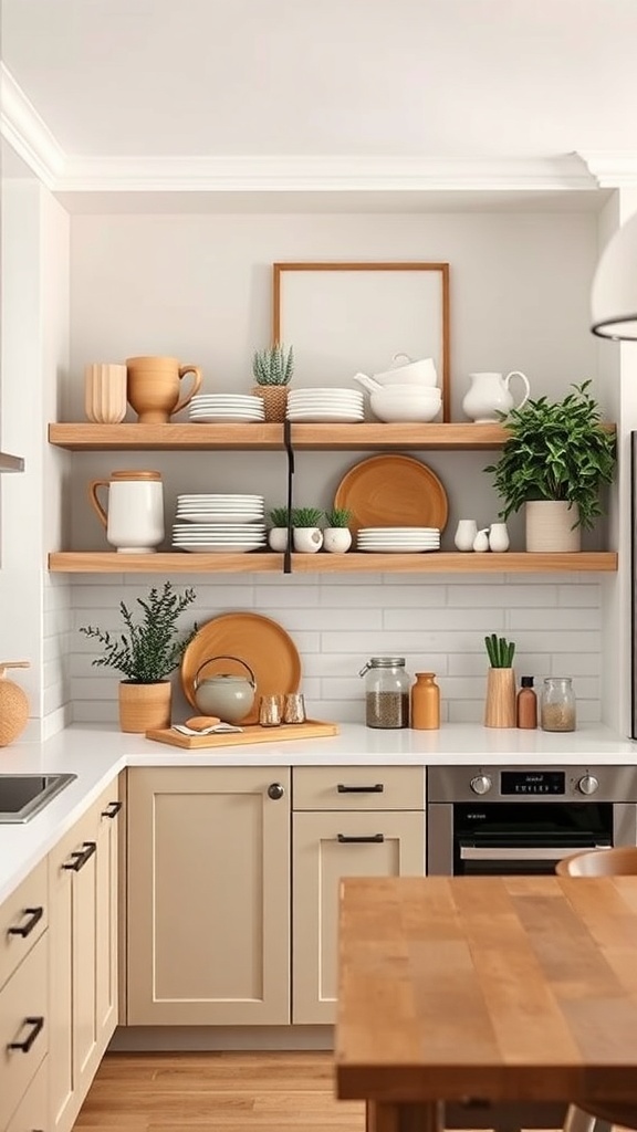 A warm neutral kitchen featuring open shelving with decorative items and dishware.