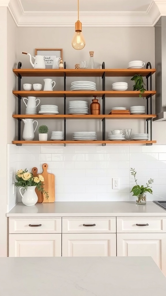 Open shelving in a kitchen displaying plates, mugs, and decorative items with a pendant light above.