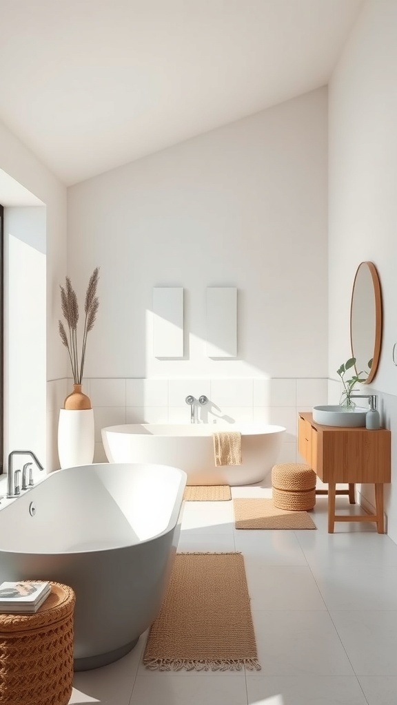 A minimalist bathroom featuring an open space concept with a freestanding tub, wooden vanity, and natural light.