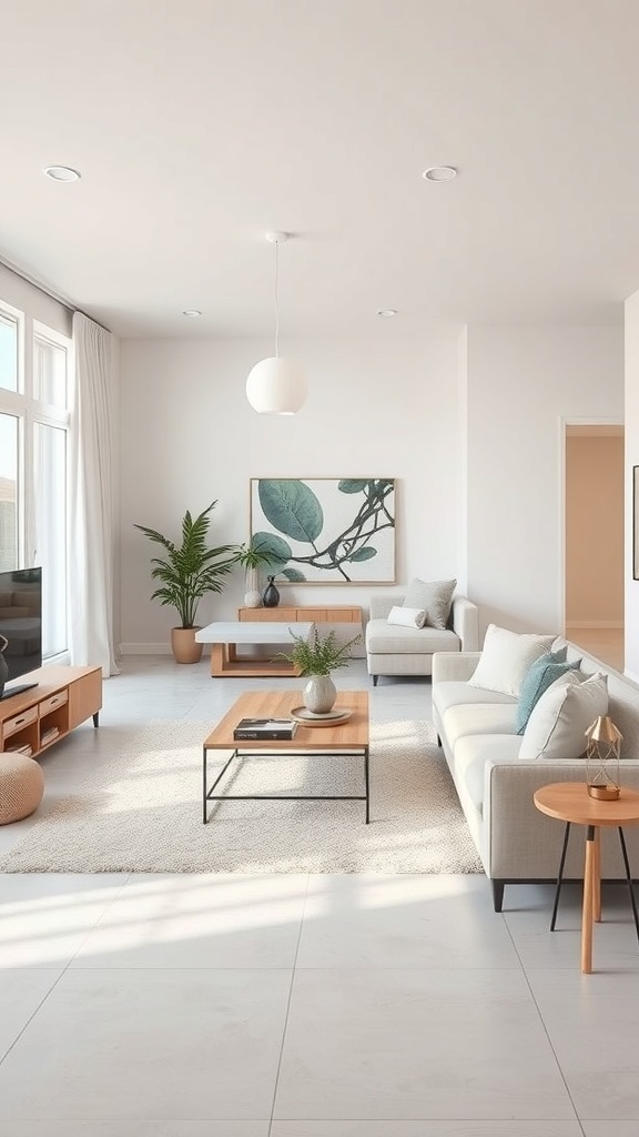 A cozy minimalist living room with an open space concept, featuring large windows, light colors, and simple furniture.