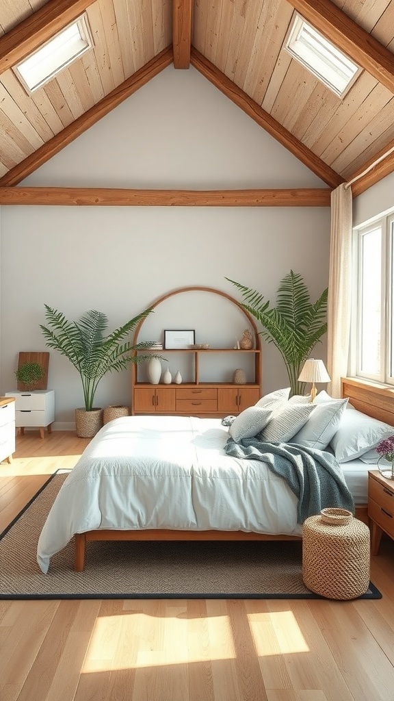 A rustic farmhouse bedroom with a high wooden ceiling, a cozy bed, and potted plants.