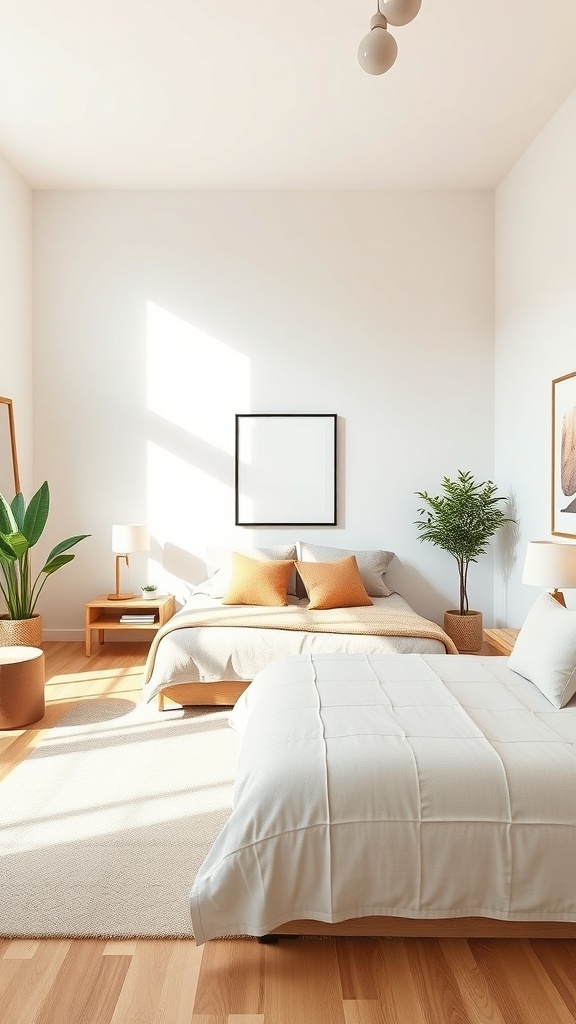 A minimalist bedroom with two beds, large windows, and plants, showcasing an open space layout.