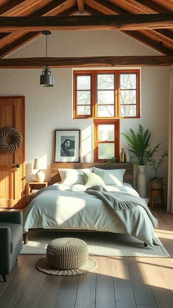 A rustic romantic bedroom featuring wooden beams, large windows, and cozy decor.