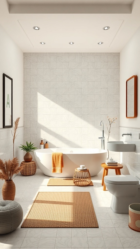 A modern Japandi bathroom featuring an open space layout with a large bathtub, natural light, and earthy accents.