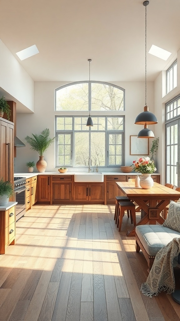 A rustic kitchen with large windows, wooden cabinets, and a dining table, filled with natural light.