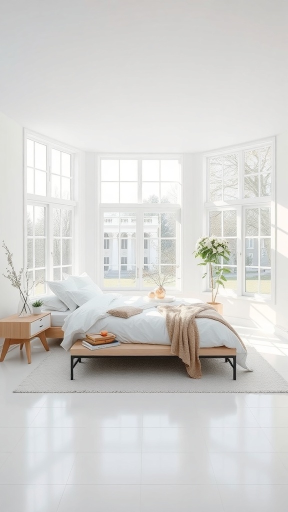 Bright white bedroom with large windows and wooden furniture