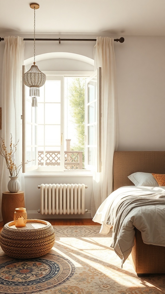 A cozy boho bedroom with an open window, flowing curtains, and warm sunlight.