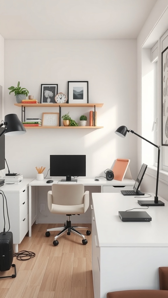 A small home office with organized cable management, featuring a desk, computer, and shelves.