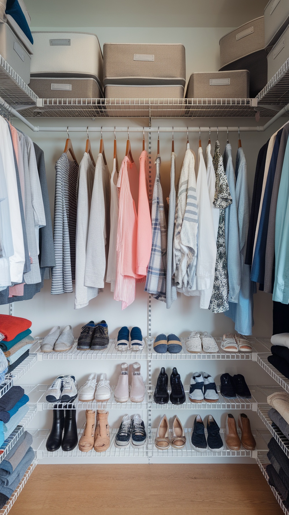 A well-organized closet with hanging clothes, storage bins, and neatly arranged shoes.