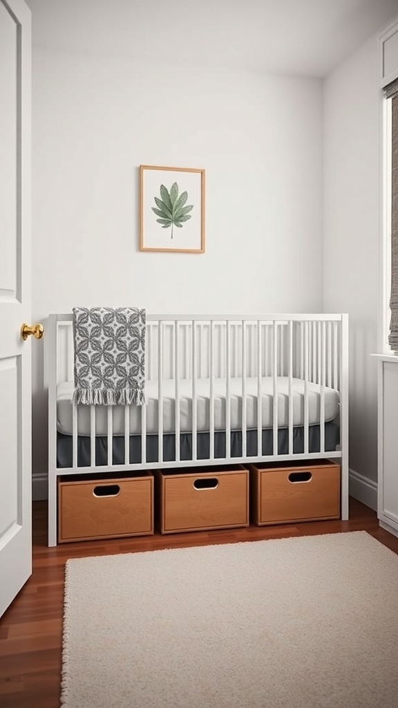 A small nursery with a crib and storage bins underneath