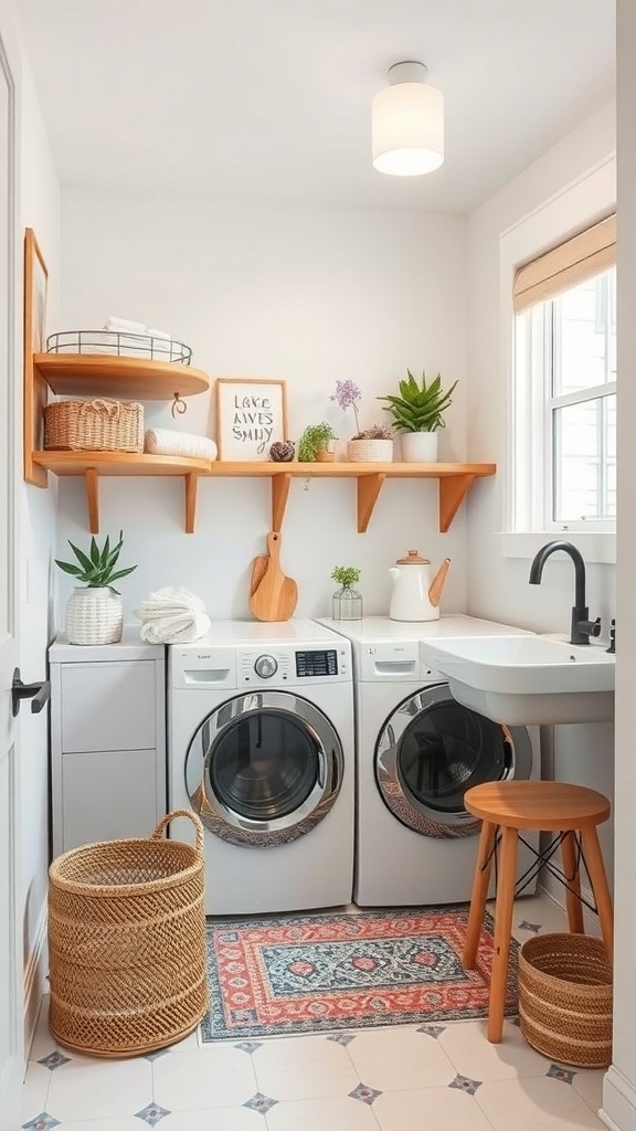 A small utility room featuring a washer and dryer, open shelving, a compact sink, and decorative elements.