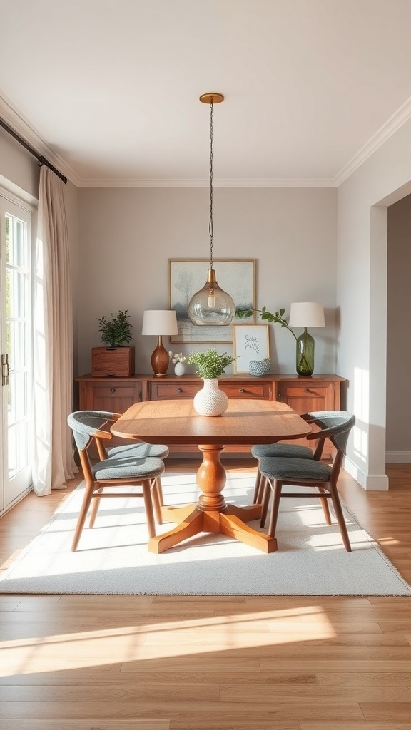 A small dining room featuring a drop-leaf table with comfortable chairs, warm wood tones, and natural light.