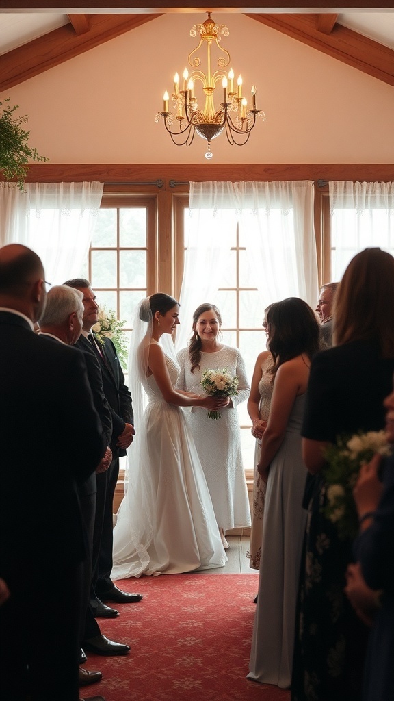 A small wedding ceremony with two brides surrounded by close family and friends.