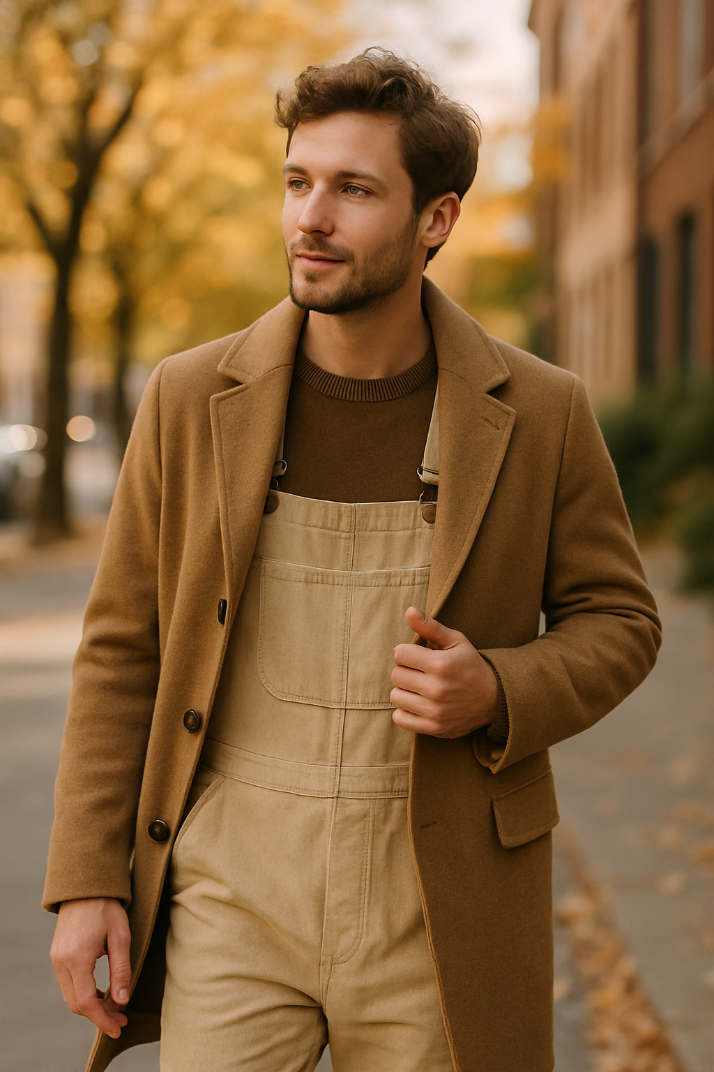 A man wearing a brown overcoat over beige overalls, walking on a street lined with autumn trees.