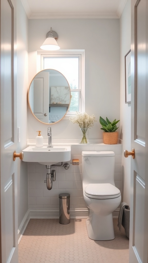 A small master bathroom featuring a wall-mounted sink, compact toilet, round mirror, and a potted plant.