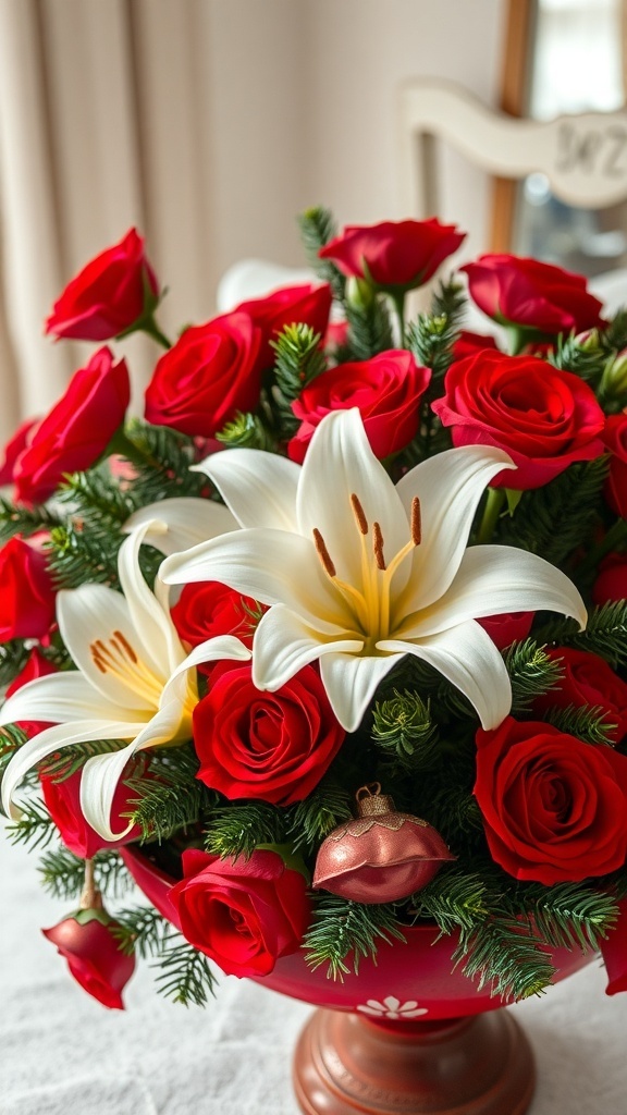 A floral arrangement featuring red roses and white lilies with Christmas ornaments.