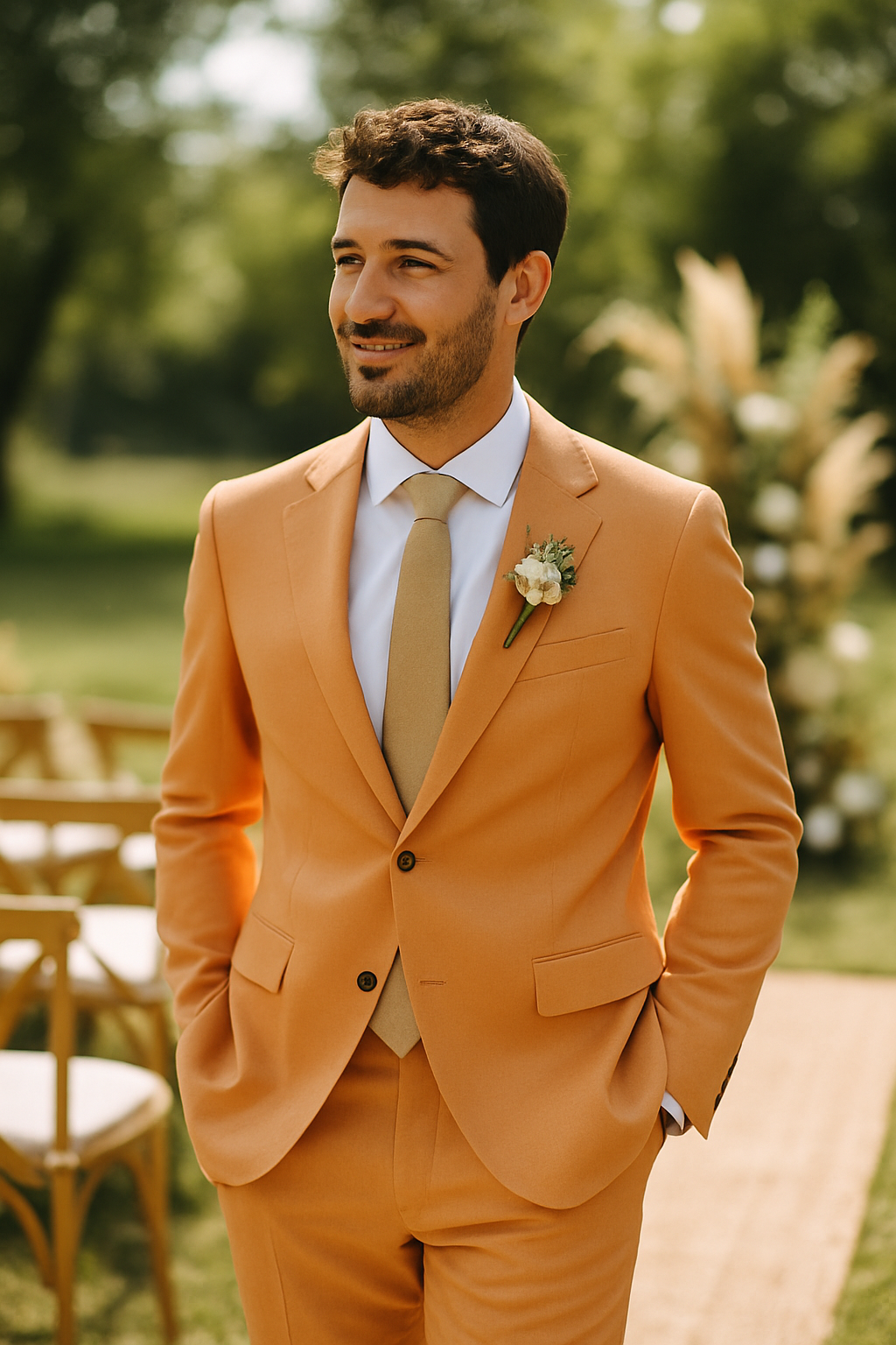 A man in an orange suit with a light tie and boutonnière, standing outdoors at a summer wedding.