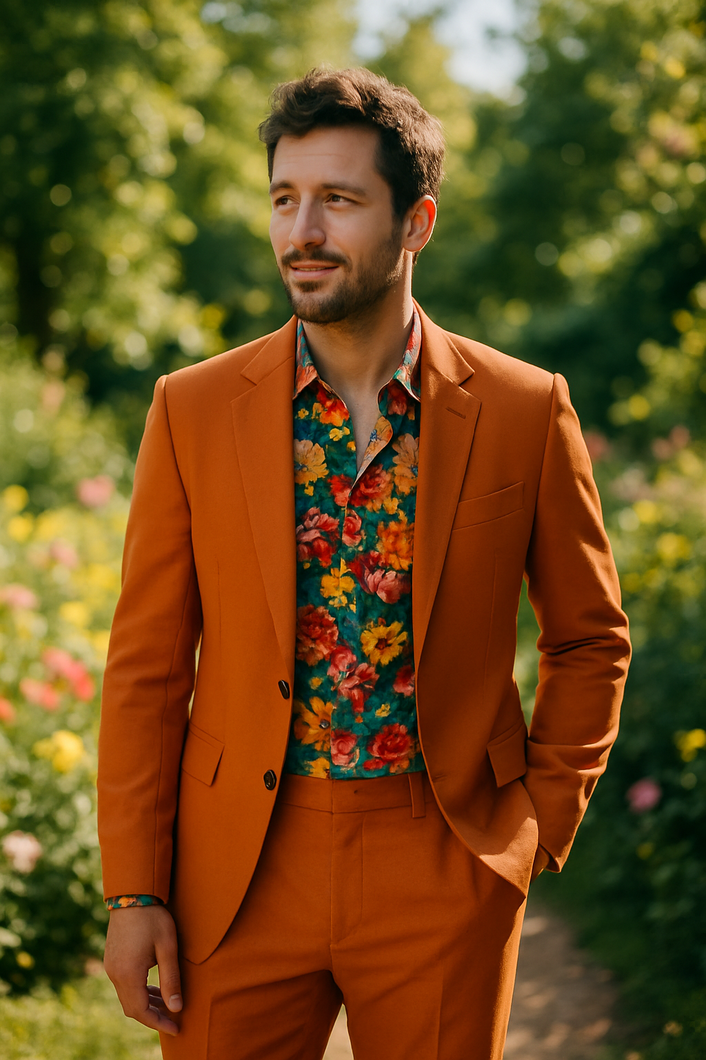 A man wearing an orange suit with a floral shirt, standing in a garden.