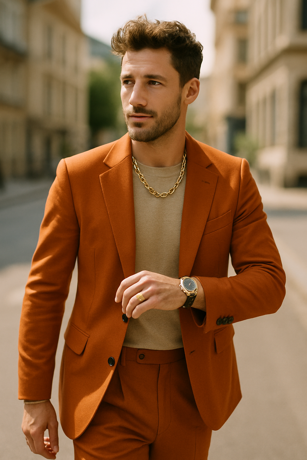 A man wearing a tailored orange suit with a beige top, accessorized with a gold chain and a stylish watch, walking in a city setting.
