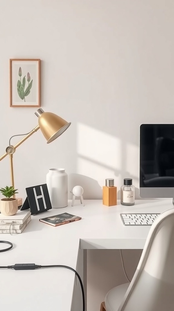 A cozy desk setup with organized cable management, featuring a lamp, computer, and decorative items.