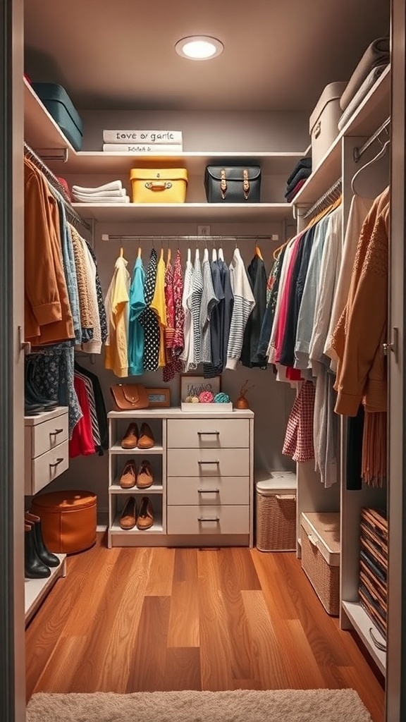 An organized closet with colorful clothes, shoes, and storage bins.