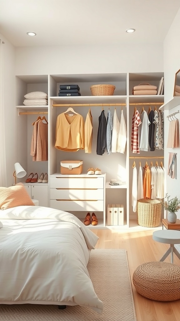A clean and organized closet space with neatly hung clothes, folded sweaters, and stylish storage baskets.