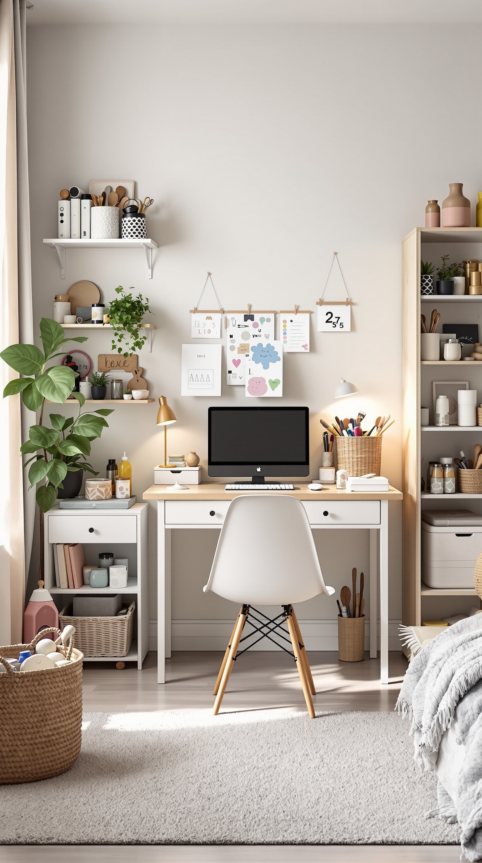 A well-organized kids' crafting space with a desk, computer, and neatly arranged supplies on shelves.