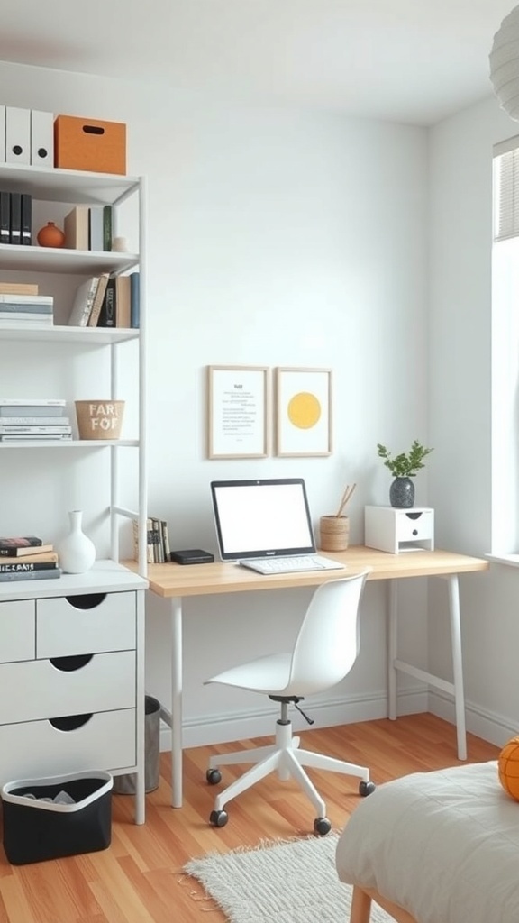 A cozy minimalist dorm room with a desk, laptop, and organized shelves.