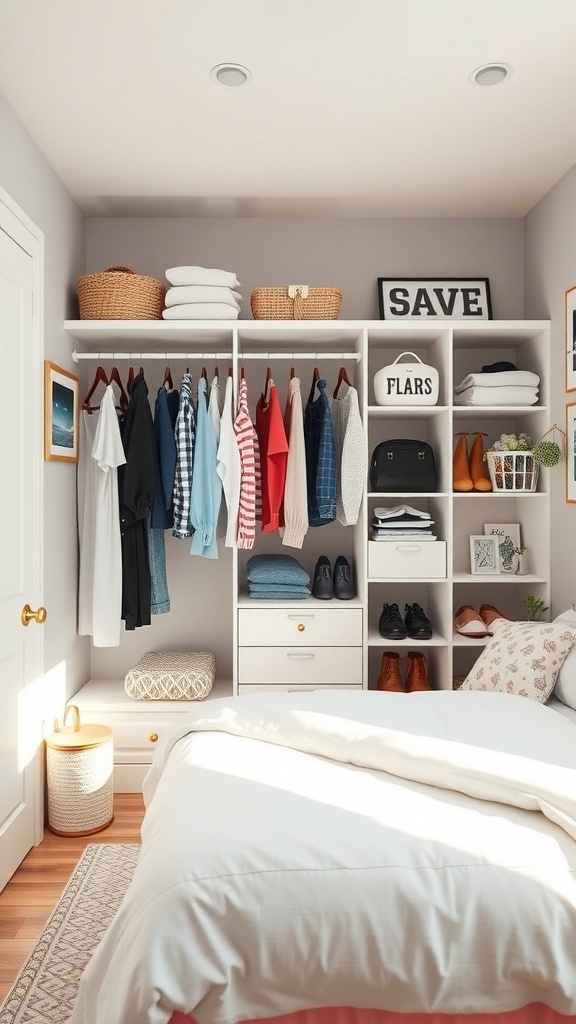 A small closet organized with clothes hanging, folded items on shelves, and storage baskets.