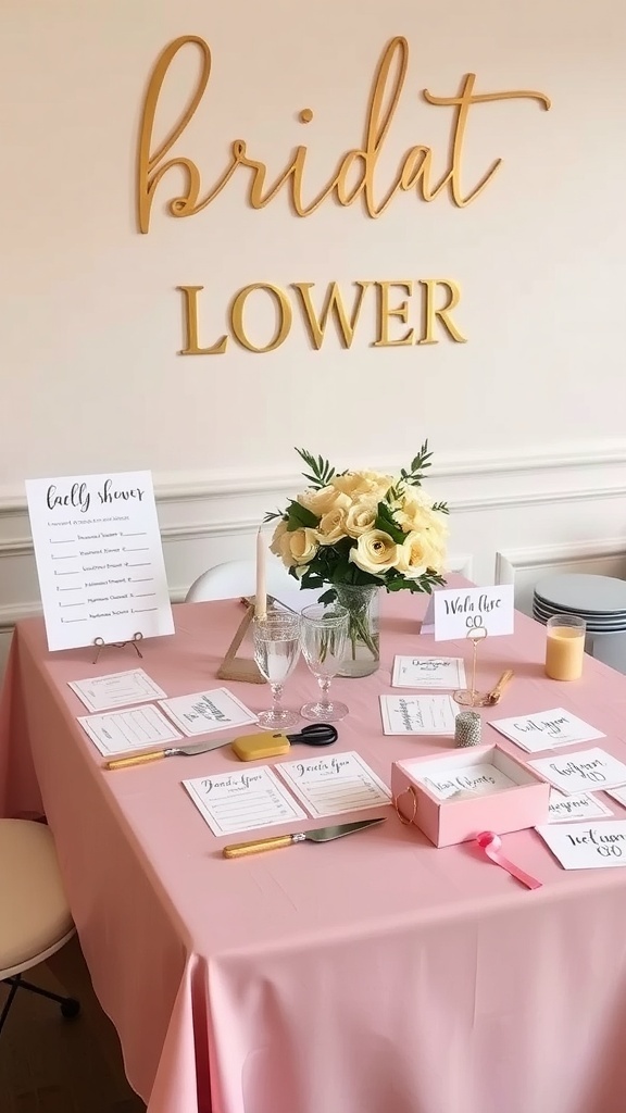 A beautifully arranged table for a bridal shower featuring flowers, game cards, and decorations.
