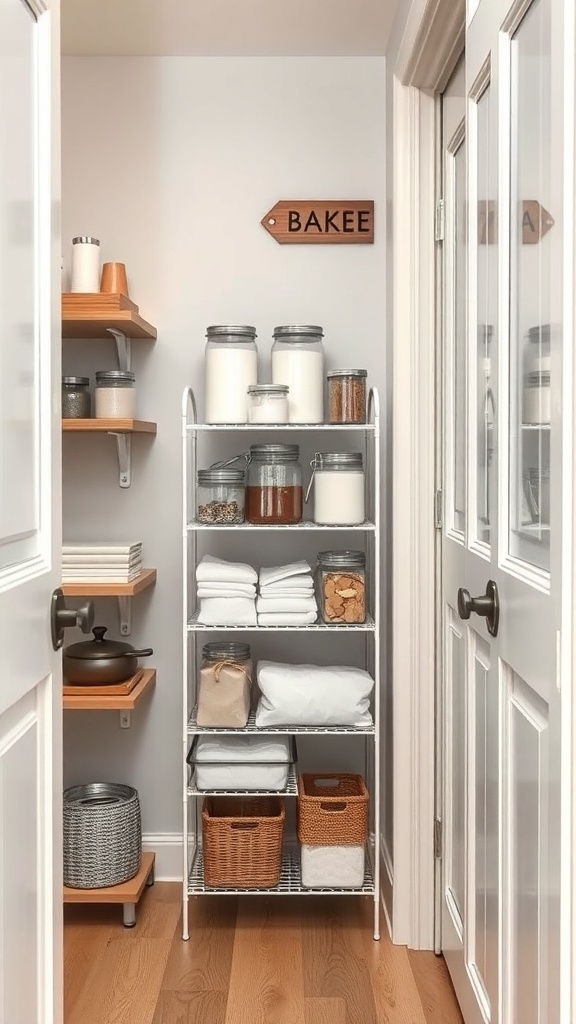 A narrow pantry with a tiered stand filled with baking supplies, jars, and a cozy 'BAKEE' sign.