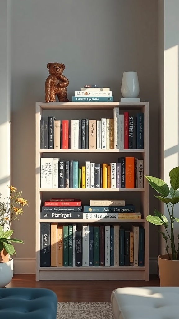 A small bookshelf with colorful books, a teddy bear on top, and a potted plant beside it.
