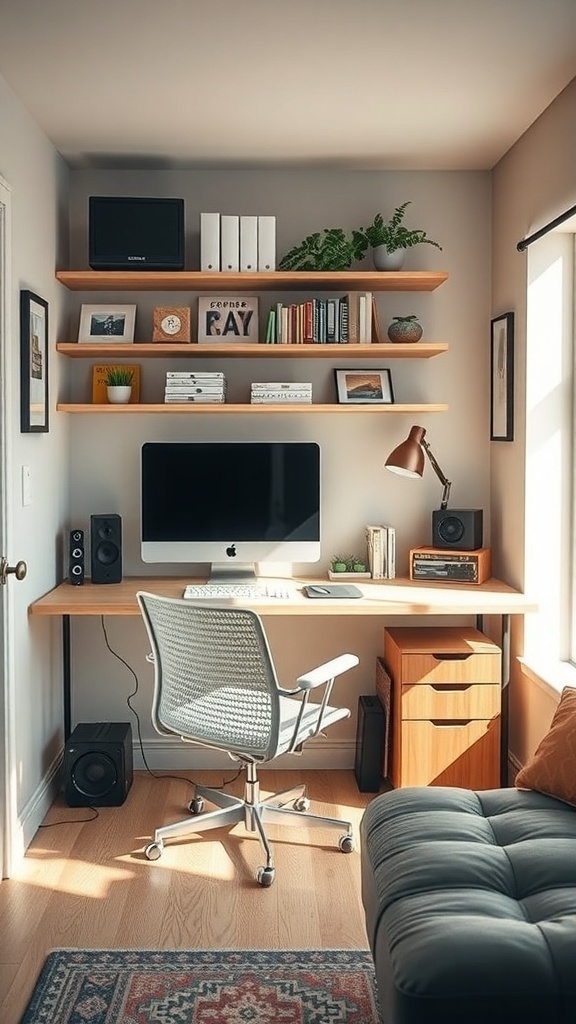A tidy tiny home office with a desk, computer, speakers, and organized shelves.