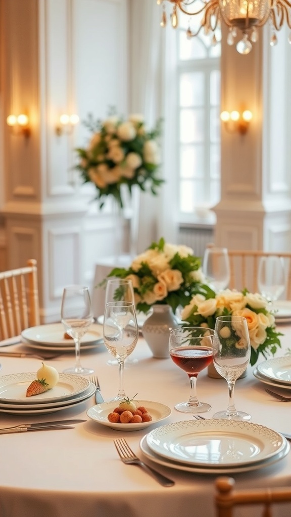 A beautifully arranged dining table for a special occasion with elegant decor.