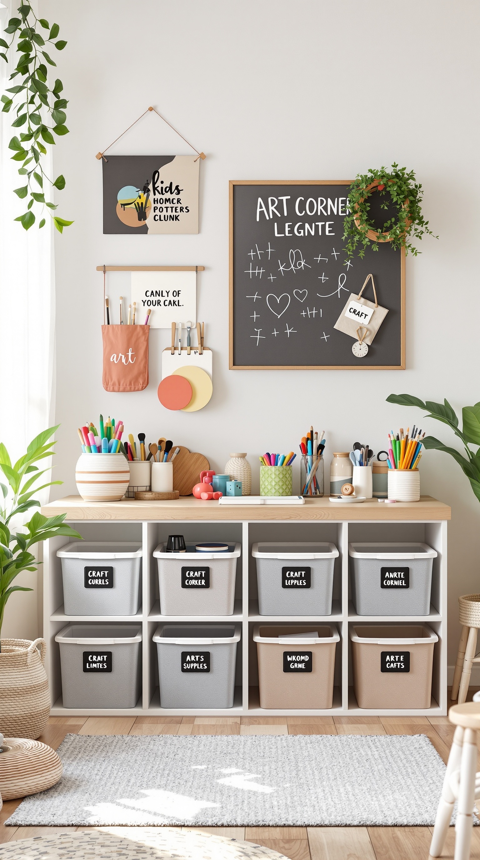 A well-organized kids' craft corner featuring labeled bins, colorful supplies, and a chalkboard.