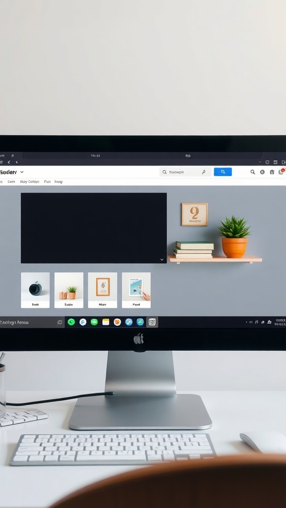 A computer monitor displaying a design interface with a plant in the background, representing digital organization.