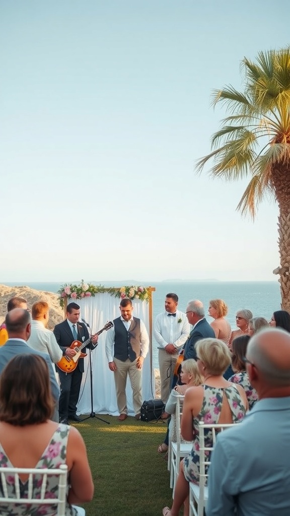 Wedding ceremony with musicians performing in front of guests by the beach