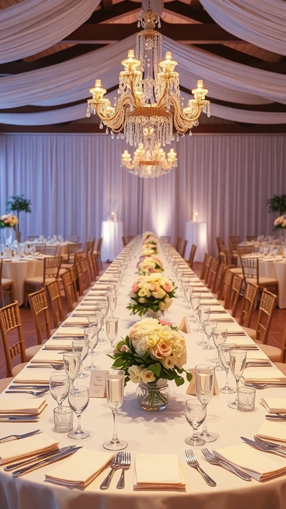 Elegant wedding reception with long tables, floral centerpieces, and a grand chandelier