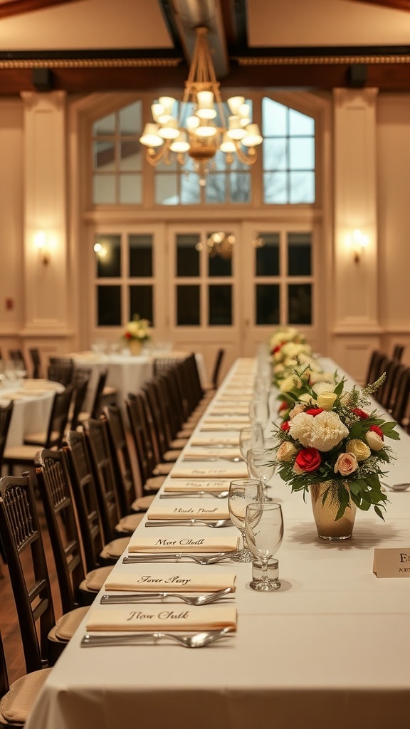 A beautifully arranged dining space for a rehearsal dinner with elegant flowers and place cards.