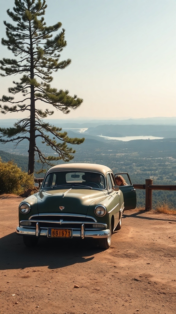 A vintage car parked at an overlook, surrounded by nature.